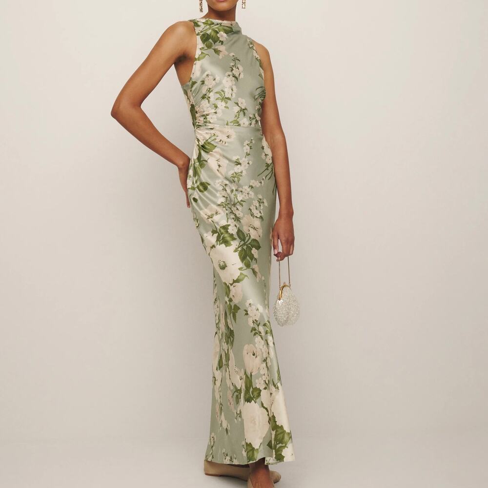 Reformation Anaiis Silk Maxi Dress 6 NEW Tarragon Floral Open Back High Neck NWT